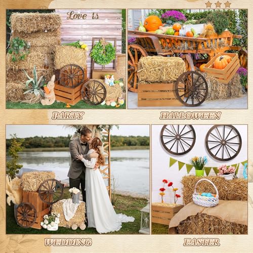 9 Pack Rustic Hay Bale & Wooden Wheel Farm Decor Set - Western Style, Lightweight