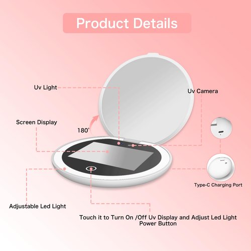 Mocado Compact LED Travel Makeup Mirror - 4 Inches 1X/10X Magnification Travel Mirror with Light Dimmable Smart UV Camera UV Mirror for Sunscreen Test Skin Sun Protection