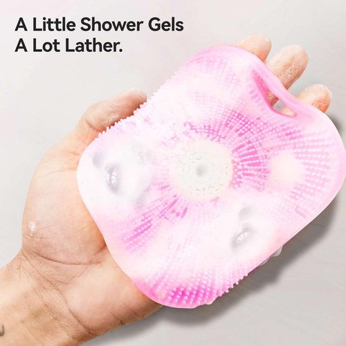 Silicone Body Scrubber in Shower for Men - with Enhanced Lather Bristles and Ergonomic Anti-Slippery Handle for Deeply Cleaning (Black + Gray + Pink)