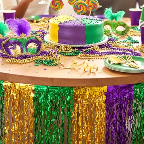 Metallic Tinsel Foil Fringe Table Skirts - 2 Pack, Purple Green Gold, Wavy Party Decor