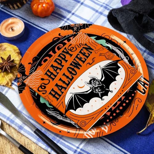 Halloween Disposable Dinnerware Set for 24 Guests - Pumpkin, Bat & Cat Design