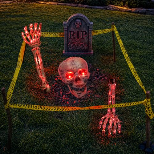 Light Up Skeleton Skull & Hands Halloween Decorations - Red Variation
