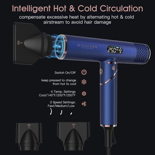 MIRACOMB Foldable Travel Hair Dryer - Powerful Ionic Blow Dryer with Brushless Motor | Lightweight & Portable