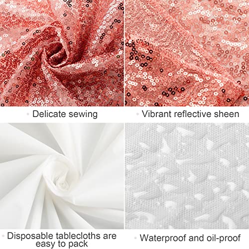 Disposable Tablecloth and Sequin Table Runner Set for Weddings & Parties - 8ft Rectangular, White & Rose Gold