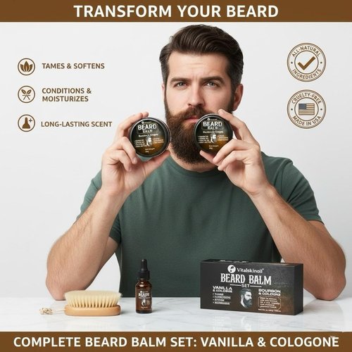Beard Balm Set, Vanilla and Bourbon Cologne Scents, Natural Oils and Butters for Styling, Taming and Nourishing, 2x50g/1.76oz