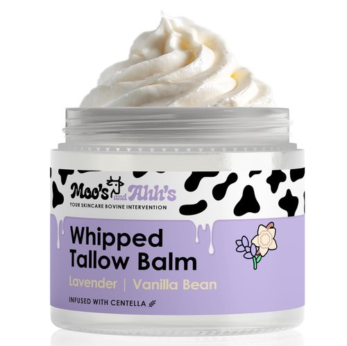 Moo's and Ahh's Whipped Tallow Balm - Beef Tallow for Skin with Organic Centella and Olive Squalane | Grass-Fed Beef Tallow Face & Body Moisturizer for Dry Skin (2 Oz, Lavender + Vanilla Bean)