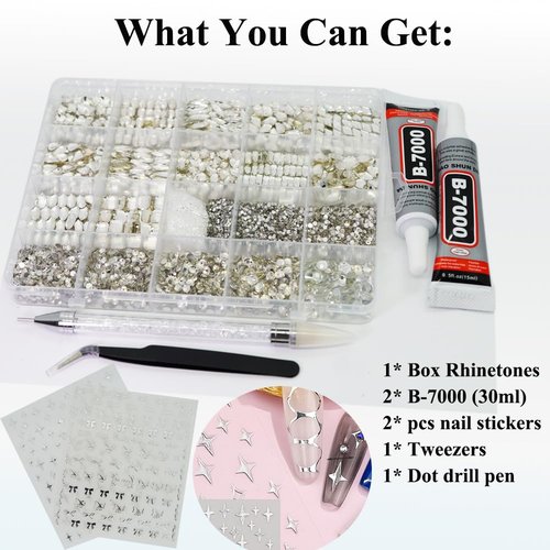 6400Pcs Silver Clear Nail Rhinestones, 600Pcs Multishapes Big Nail Gemstones +5800Pcs 1.5-6.5mm Flat Back Round Crystal Beads with B7000, Nail Decals, Multsize Flat Back Glass Stones for DIY Art