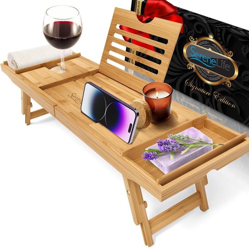 SereneLife Bath Caddy Breakfast Tray Combo with Gift Box-Natural Bamboo Wood Waterproof Bath Tub Caddy and Bed Tray with Folding Slide-Out Arms,Device Grooves,Wine Glass and Soap Holder