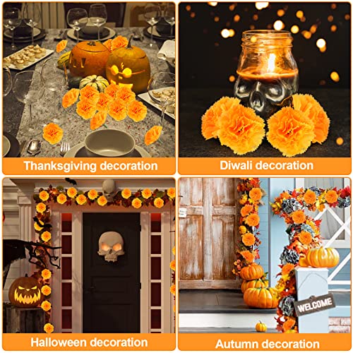50PCS Artificial Marigold Flower Heads with Stems - Orange for Diwali Wedding Party Decor