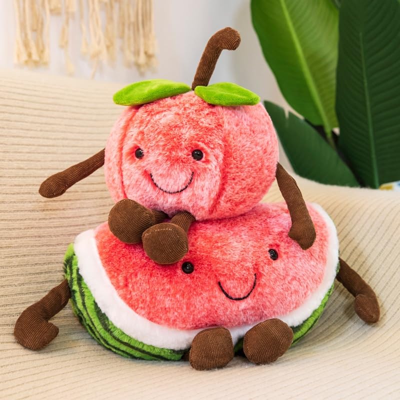 Cute Watermelon Plush Toy - Cherry Variation, Soft Stuffed Fruit Pillow, 13.7 Inch Gift for Kids