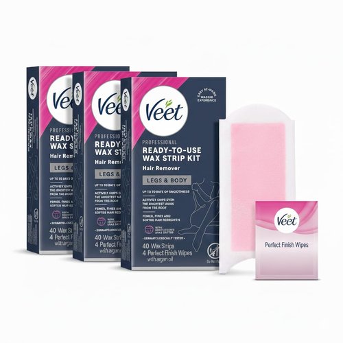 VEET Sugar Wax Strips For Women's Body Hair Removal, Bikini Hair Removal Kit, Pubic, Dermatologically Tested For Body & Intimate Areas, 40ct Wax Strips with Shea Butter & 4ct Wipes (Pack of 3)