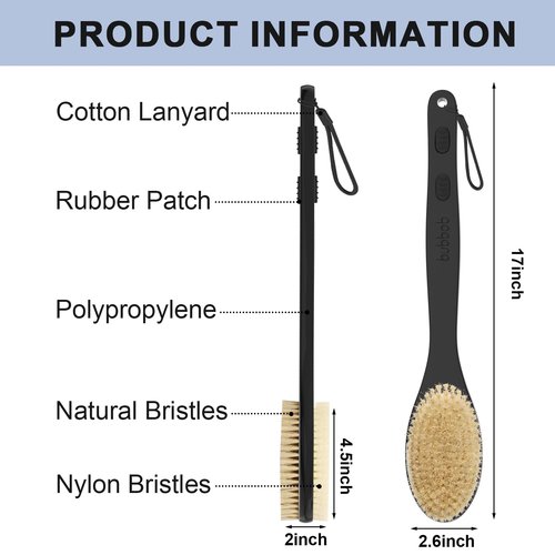 Bubbob Back Scrubber, Back Scrubber for Shower, Bath Brush Long Handle for Shower with Double Sided Bristles for Wet or Dry Brushing (Black)