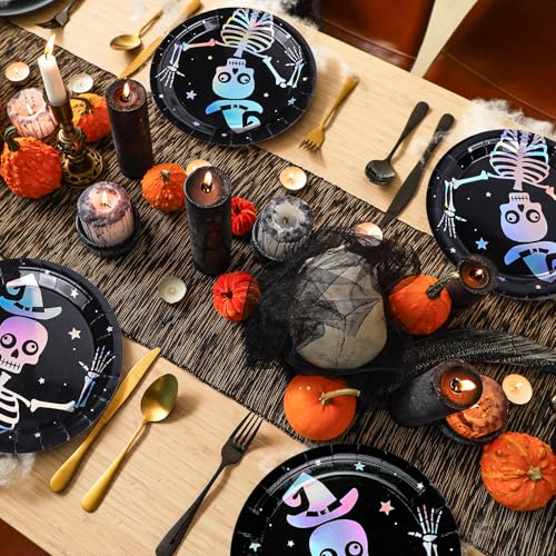 Skeleton Halloween Party Plates - Iridescent Silver 9 Inch Disposable Dinnerware Set with Color-Changing Holographic Effect