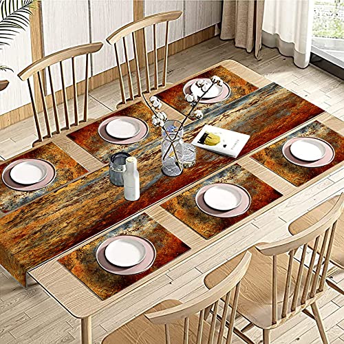Brown Rust Table Runner and Placemats Set of 6 - Linen and Cotton, 108" Long, White Variation