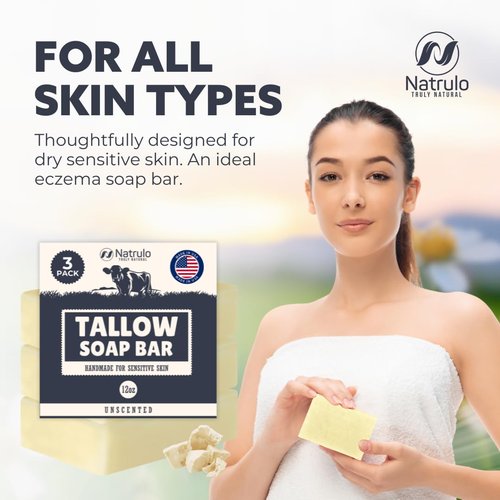 Beef Tallow Soap Bar – All Natural Grass Fed Tallow Soap Unscented – Moisturizing Face & Body Wash Great for Eczema, Dry, Itchy, Sensitive Skin – Handcrafted Bath Soap for Adults, Kids, Made in USA