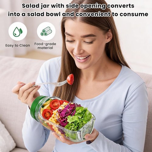 Portable Salad Jar by [Brand Name] - Leakproof Dressing Container, Removable Lid Converts to Bowl, Food Grade, Dishwasher Safe