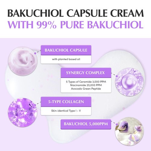 Bakuchiol Plumping Capsule Cream – Retinol Alternative Moisturizer for Firming and Pore Care with 99% Pure Bakuchiol, 5 Types of Collagen & Ceramide Complex, 1.69 fl.oz / 50ml
