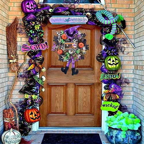 Halloween Wreath for Front Door - 20 Inch Whimsical Mesh Decor with Witch Accents