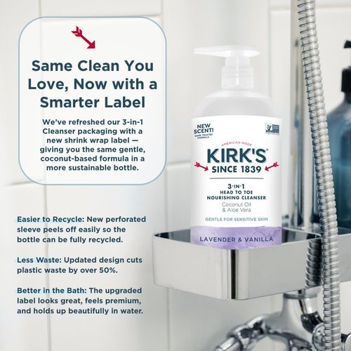 Kirk's 3-in-1 Head to Toe Nourishing Liquid Cleanser- for Men, Women & Children - Premium Coconut Oil & Aloe Vera- Non GMO & Vegan - Lavender and Vanilla - 32 Fl Oz. - 2 Pack