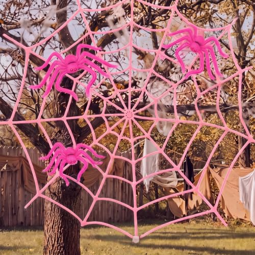 Pink Halloween Outdoor Decor Set with 3 Plush Spiders and 12ft Web