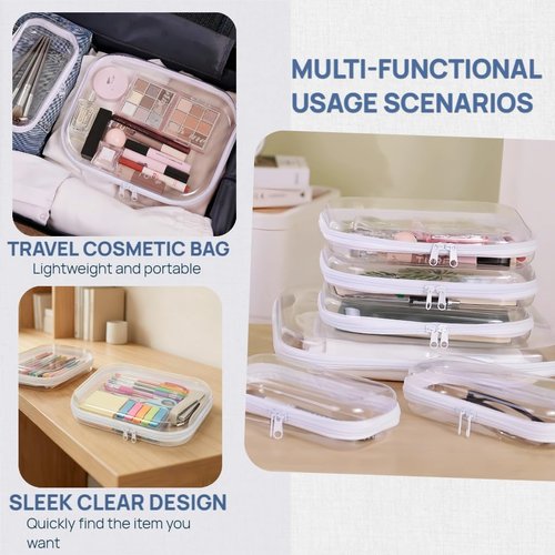 3PCS Clear Hard Plastic Zipper Case, Double Zippers Hard Pouch, Portable Travel Organizer Bin Clear Makeup Bag for Toy Storage, Snack Bag, Cosmetics, Pencil Case, Diaper Bag, Toiletry Bag (3PCS-M)