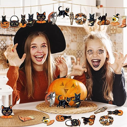 Halloween Tree Ornaments Set - Wooden Pumpkin Skull Cat Decorations, 36 Pcs