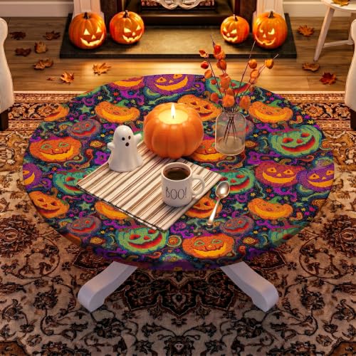 Halloween Round Tablecloth Fits 49-52 Inch Tables - Pumpkin Head Design 52"