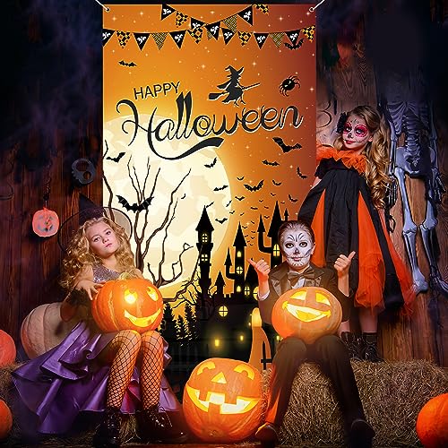 Halloween Door Cover - Happy Banner Decorations with Horror Pumpkin Witch Moon Bat - Brown
