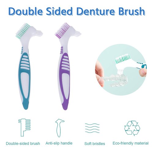 Geodurn Denture Brush, 2 Pieces False Teeth Toothbrush with White Carrying Case, Green and Purple Multi-Layered Bristles with Ergonomic Rubber Handle for Dentures Cleaning