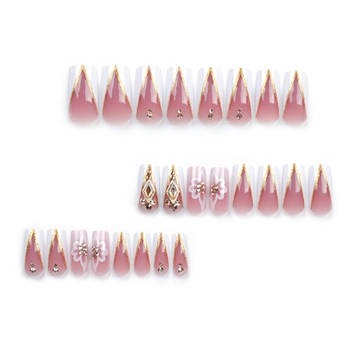 QQPPOLIU Nail Press Ons - French, Nude, Flower & Rhinestone Designs - Long, Medium, Coffin, Square, 3D, Glitter, Fake Nails - 24pcs