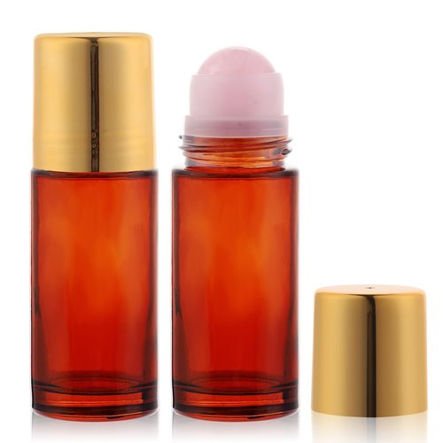 RAMFIYN 2 pack 1.7oz Large Amber Glass Roll on Bottles Rose Quartz Roller Ball Applicator for Essential Oils Perfume Refillable Empty Deodorant Containers with Pink Crystal Rollerball
