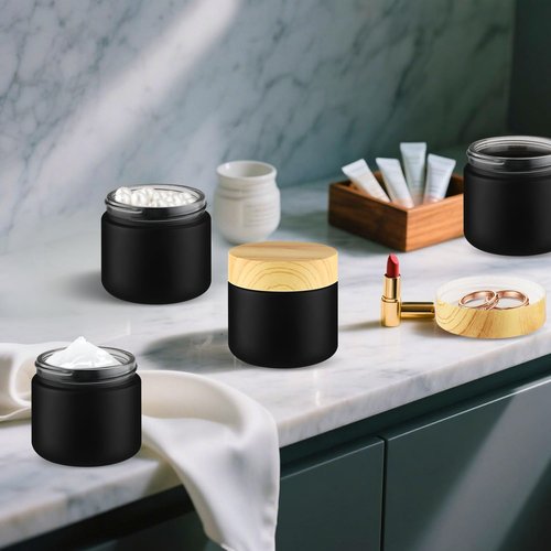 10 Pcs 60g/2oz Frosted Cream Jars Travel Size Glass Cosmetic Containers Empty Glass Jars with Wood Grain Lids for Makeup Lotion Face Cream - Black