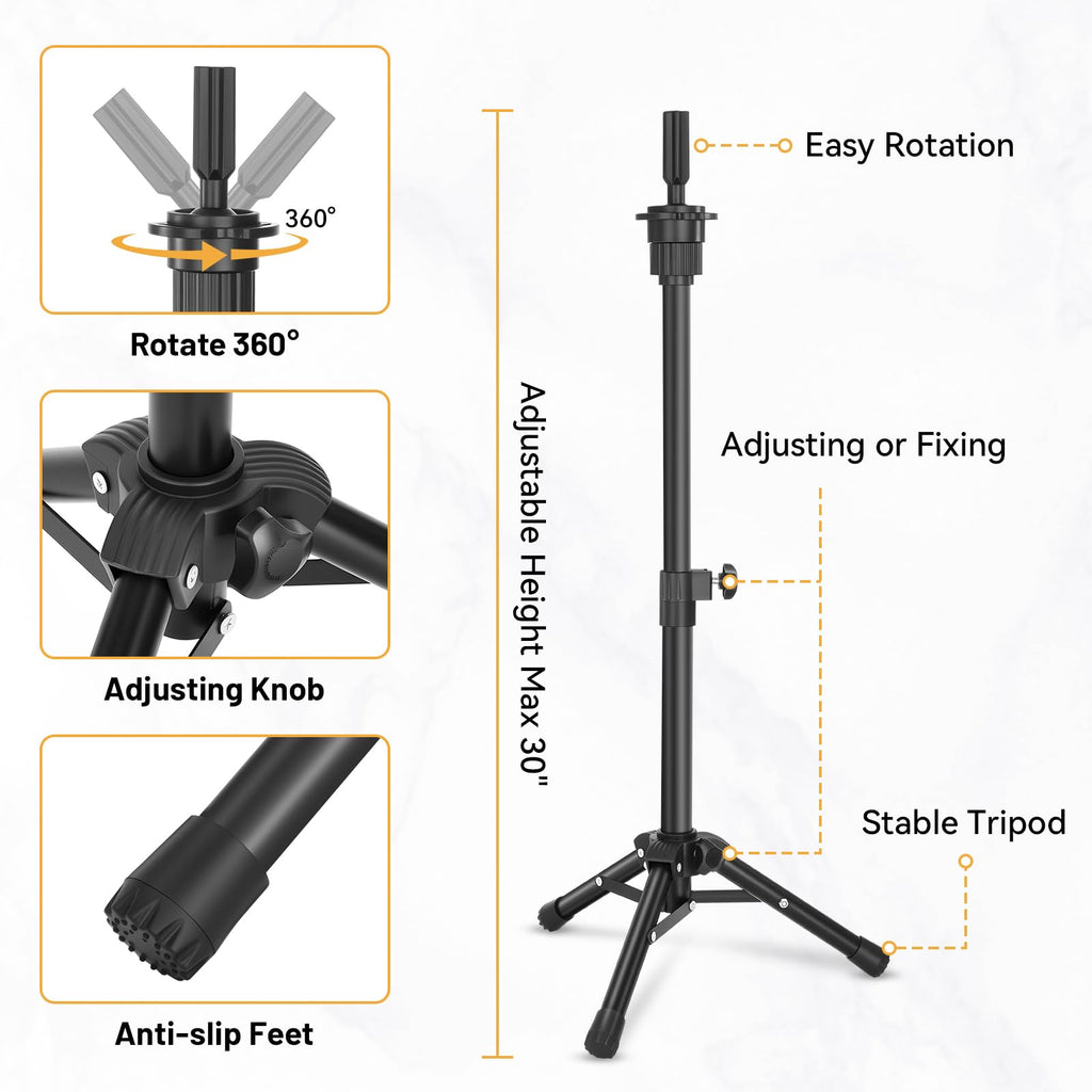 Yekavo Wig Stand with Head 23", Height Adjustable Tripod Stand 30", Wig Head Stand with Canvas Block Mannequin Head, Include Table Clamp Stand, Wig Caps, T Pins for Wigs Styling, Making & Display