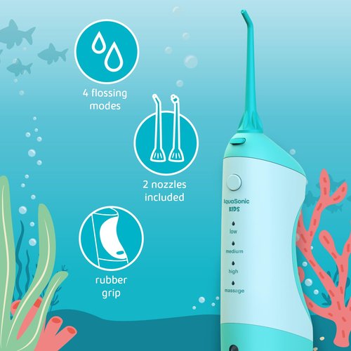 AquaSonic Kids' Water Flosser for Ages 6+ | Standard Nozzle, Orthodontic Nozzle & Waterproof Stickers | 4 Flossing Modes | Aquarium Adventures Theme (Blue)