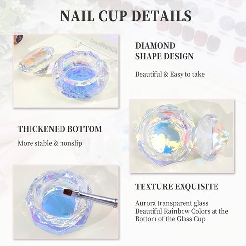 BOMOQING Nail Dappen Dish with Diamond Lid, Acrylic Liquid Powder Dappen Monomer Cup, Clear Glass Crystal Acetone Bowl, Acrylic Nail Brush Cleaner Holder, Nail Tech Must Haves(Colorful)