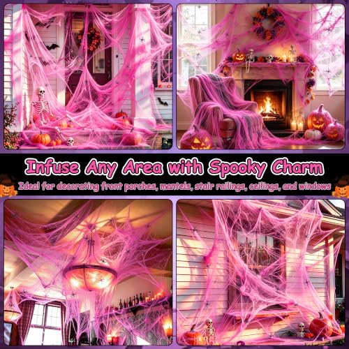 Pink Halloween Spider Web Decorations Kit with 50 Fake Spiders - 1000 Sq Ft Large Cobwebs