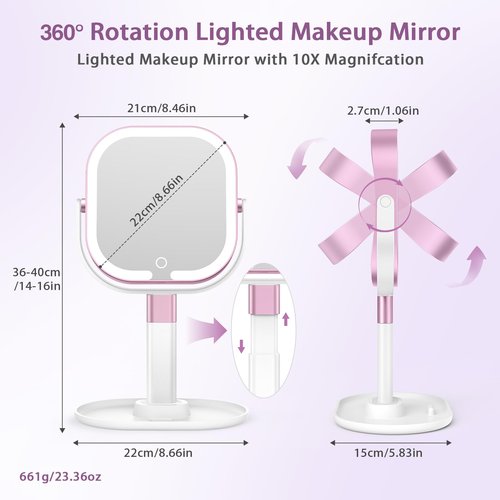 Unbednigt Makeup Mirror with Lights, 1X/10X Magnifying Vanity Mirror with Rechargeable 3 Color Lights, 360° Rotation 2-Sided Height Adjustable Brightness Cosmetic Lighted Magnified Mirror Tweezer