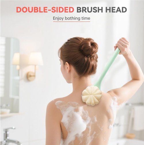 CYMPHW Back Scrubber for Shower, 15.7" Loofah with Handle, Back Shower Brush with Bristles and Loofah, Dry Brushing Body Brush for Cleanse Back and Hard to Reach Areas with Curved Long Handle