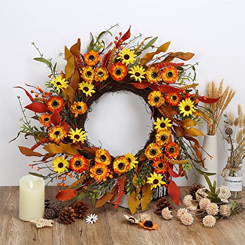 20-Inch Artificial Fall Wreath for Front Door with Autumn Flowers & Foliage