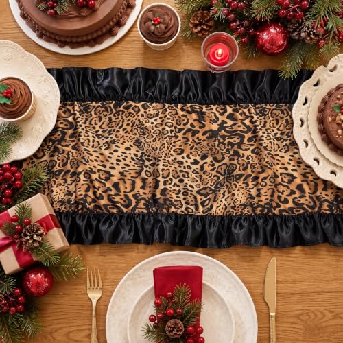Christmas Leopard Table Runner with Black Ruffle Border - 13x72 Inches