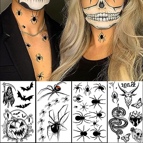 Halloween Temporary Tattoos Set for Kids and Adults - 10 Sheets with Skull Ghost Spider Designs