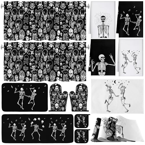 Halloween Skeleton Kitchen Decor Set - Black & Spooky Skeleton Towels Rugs