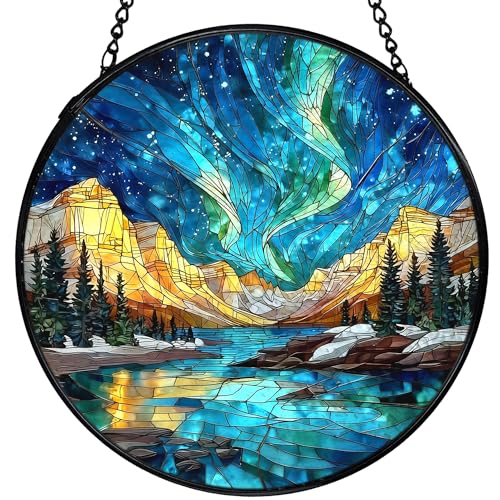 Aurora Borealis Sun Catcher - Stained Glass Window Hanging, 7.9in with Chain - Aurora Variation