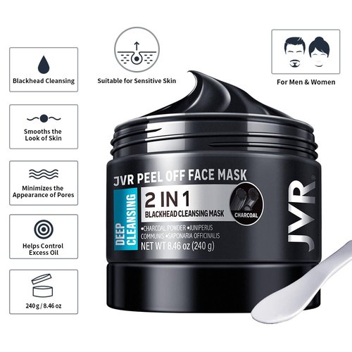 JVR Peel Off Face Mask, Charcoal Peel Off Black Mask, Facial Mask for Surface Cleansing For Men & Women, All Skin Types, 8.46 oz (240 g)