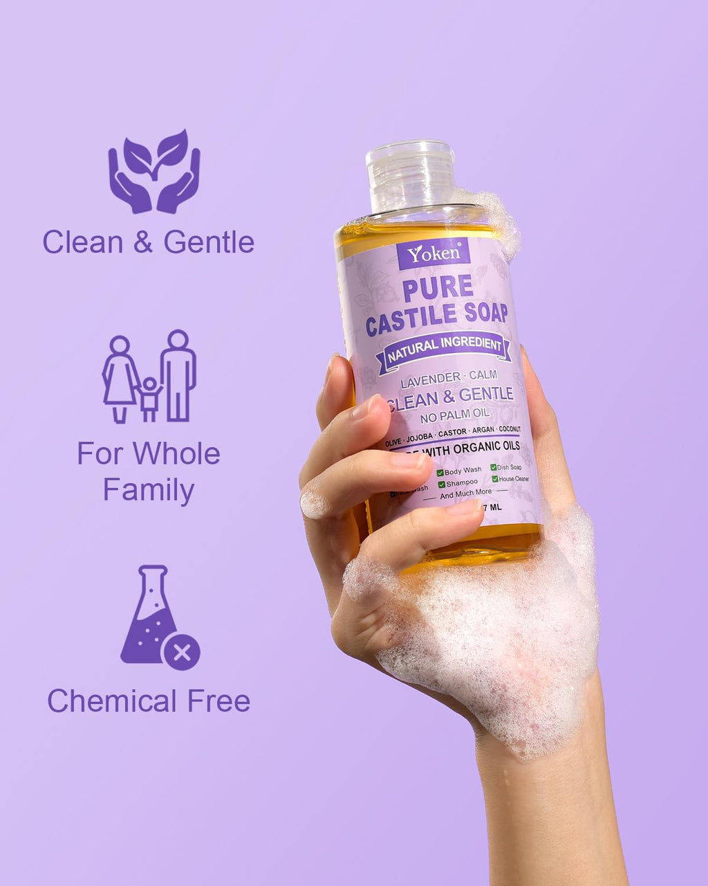 Yoken Pure Castile Soap Liquid Lavender 8 OZ, Made with Certified Organic Oils, Gentle Lavender Soap for Hands & Body Wash, Face, Dishes, Laundry & More - Vegan & Natural Ingredients Cleanser