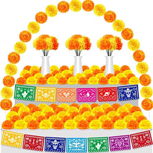 Mexican Party Decorations Set with Marigold Flowers & Banners - Orange & Yellow - Dia De Los Muertos & Fiesta Decor