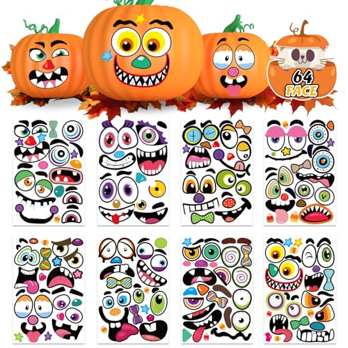 Halloween Pumpkin Face Stickers - Style 1, 16 Sheets for Decoration & DIY Pumpkin Faces