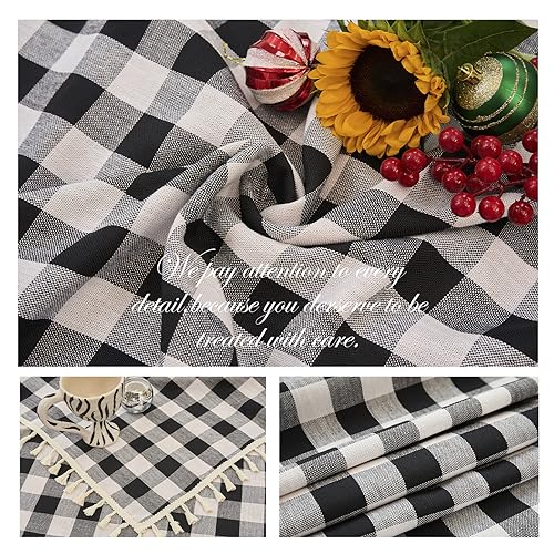 Black and White Checkered Rectangle Tablecloth 55x84 Inches with Tassels - Farmhouse Style