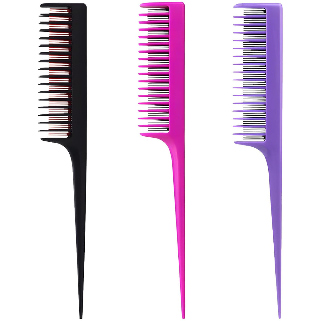 Teasing Comb Set by Professional - 3 Pack Tail Combs for Root Teasing & Volume - 8.15 Inches, Black, Magenta & Purple