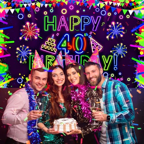 Neon 40th Birthday Banner - Glow in The Dark Party Decorations with UV Blacklight